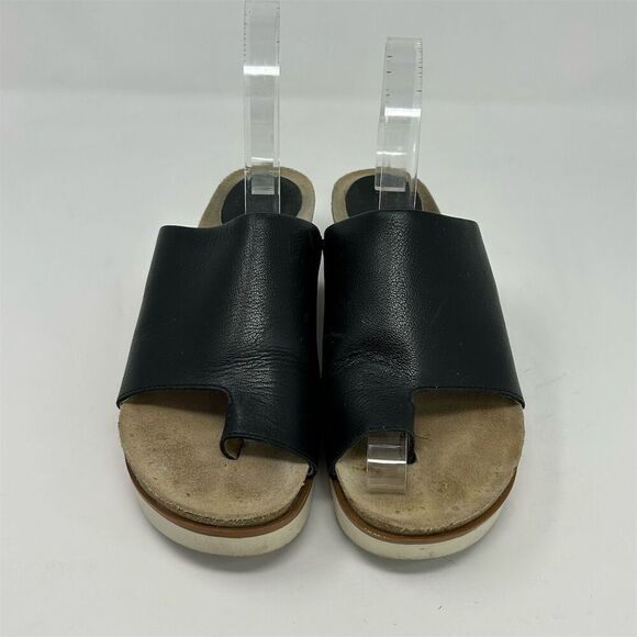 Josef Seibel Black Leather Wedge Toe Loop Sandals Size 38 Cushioned Footbed - Picture 4 of 13